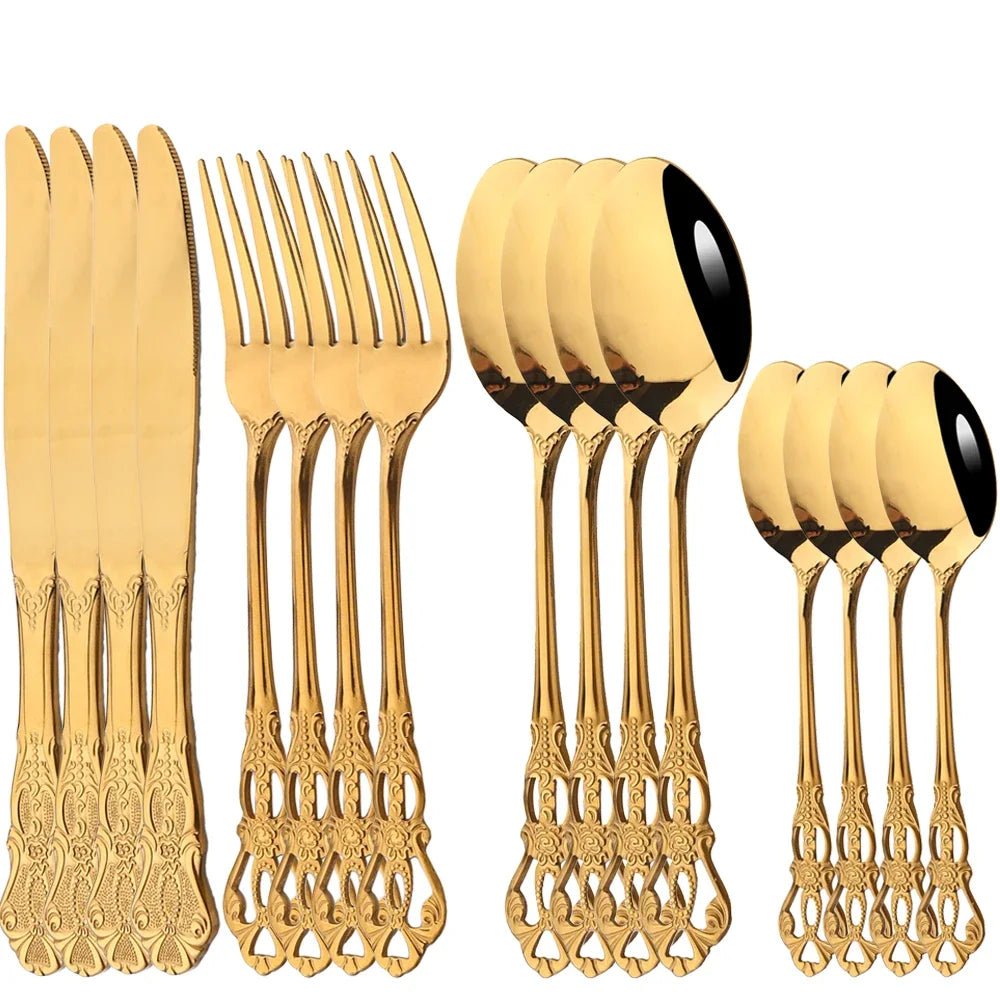 16Pcs Gold Dinnerware Set Vintage Stainless Steel Tableware Dinner Knife Fork Dessert Spoon Cutlery Set Kitchen Flatware - The Melt Theory Lab by Kandylandlaiid LLC
