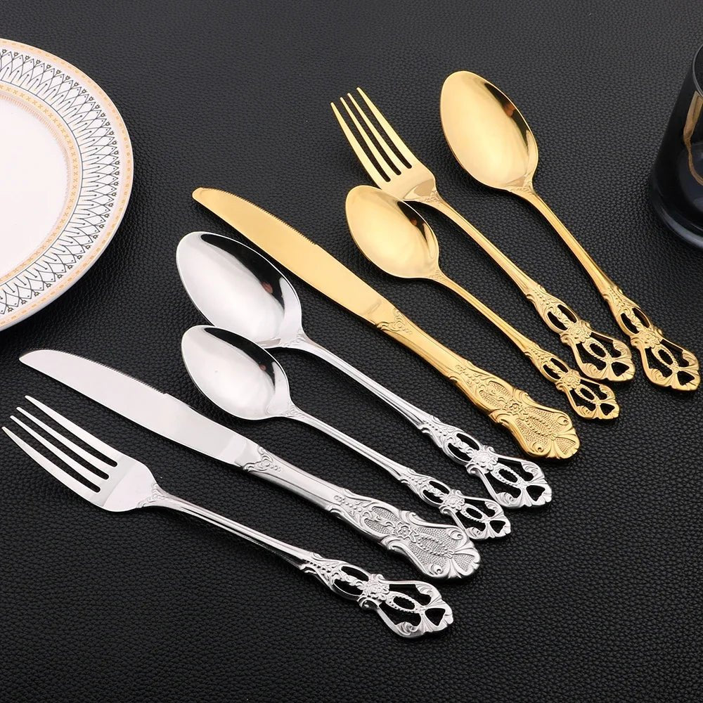 16Pcs Gold Dinnerware Set Vintage Stainless Steel Tableware Dinner Knife Fork Dessert Spoon Cutlery Set Kitchen Flatware - The Melt Theory Lab by Kandylandlaiid LLC