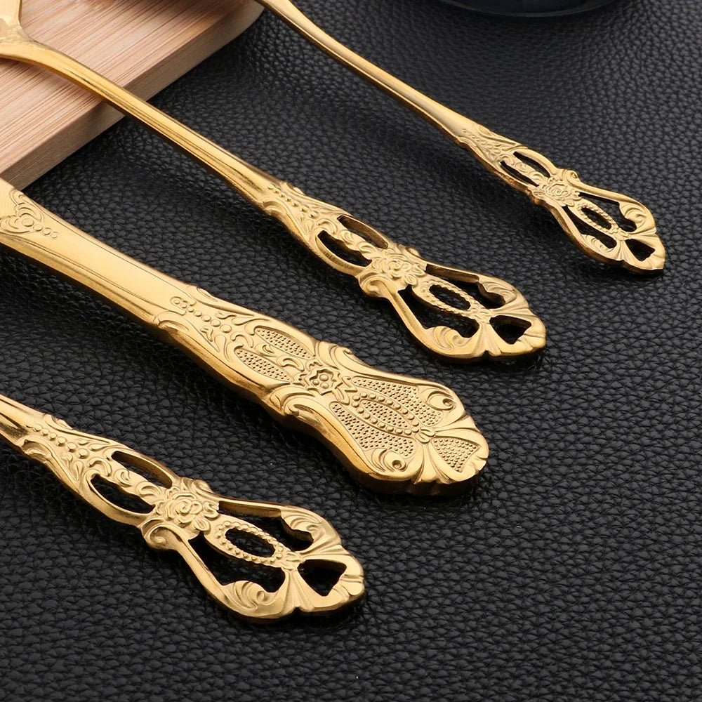 16Pcs Gold Dinnerware Set Vintage Stainless Steel Tableware Dinner Knife Fork Dessert Spoon Cutlery Set Kitchen Flatware - The Melt Theory Lab by Kandylandlaiid LLC