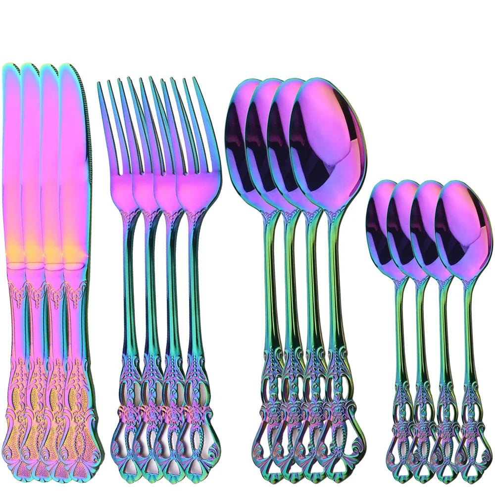 16Pcs Gold Dinnerware Set Vintage Stainless Steel Tableware Dinner Knife Fork Dessert Spoon Cutlery Set Kitchen Flatware - The Melt Theory Lab by Kandylandlaiid LLC