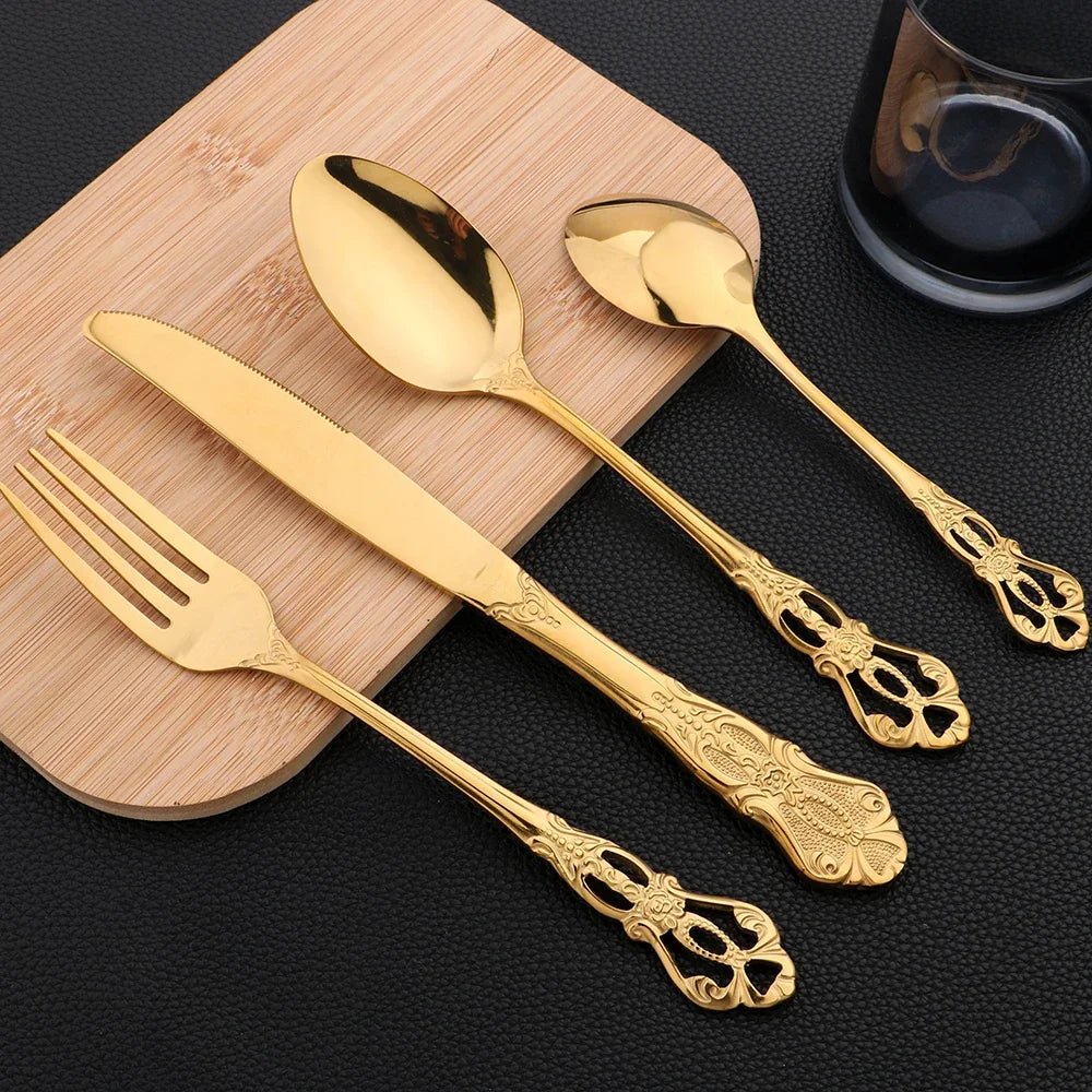 16Pcs Gold Dinnerware Set Vintage Stainless Steel Tableware Dinner Knife Fork Dessert Spoon Cutlery Set Kitchen Flatware - The Melt Theory Lab by Kandylandlaiid LLC