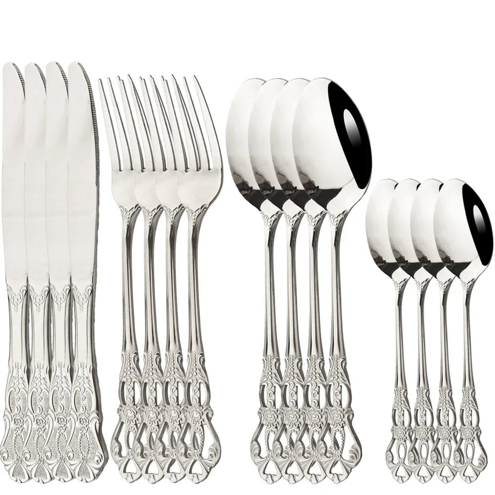 16Pcs Gold Dinnerware Set Vintage Stainless Steel Tableware Dinner Knife Fork Dessert Spoon Cutlery Set Kitchen Flatware - The Melt Theory Lab by Kandylandlaiid LLC
