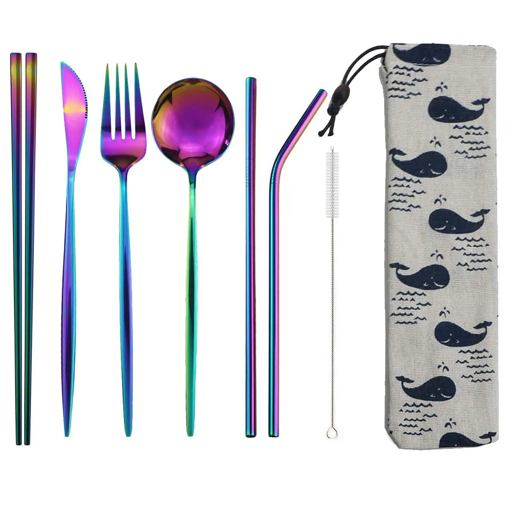 8pcs Dinneware Set Portable Travel Blue Cutlery Set Stainless Steel Knife Fork Spoon Chopsticks Straw Silverware with Pouch - The Melt Theory Lab by Kandylandlaiid LLC