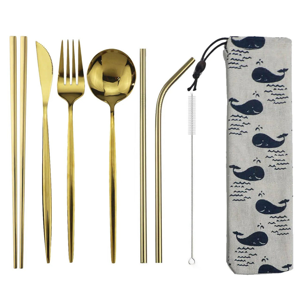 8pcs Dinneware Set Portable Travel Blue Cutlery Set Stainless Steel Knife Fork Spoon Chopsticks Straw Silverware with Pouch - The Melt Theory Lab by Kandylandlaiid LLC