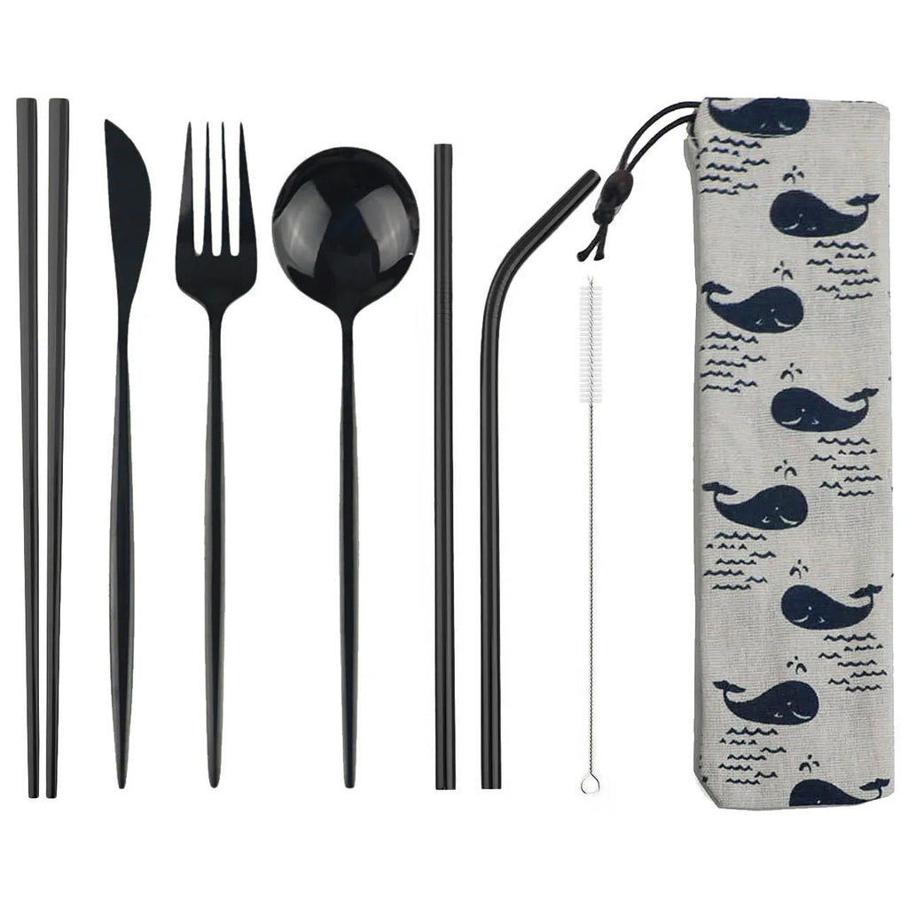 8pcs Dinneware Set Portable Travel Blue Cutlery Set Stainless Steel Knife Fork Spoon Chopsticks Straw Silverware with Pouch - The Melt Theory Lab by Kandylandlaiid LLC