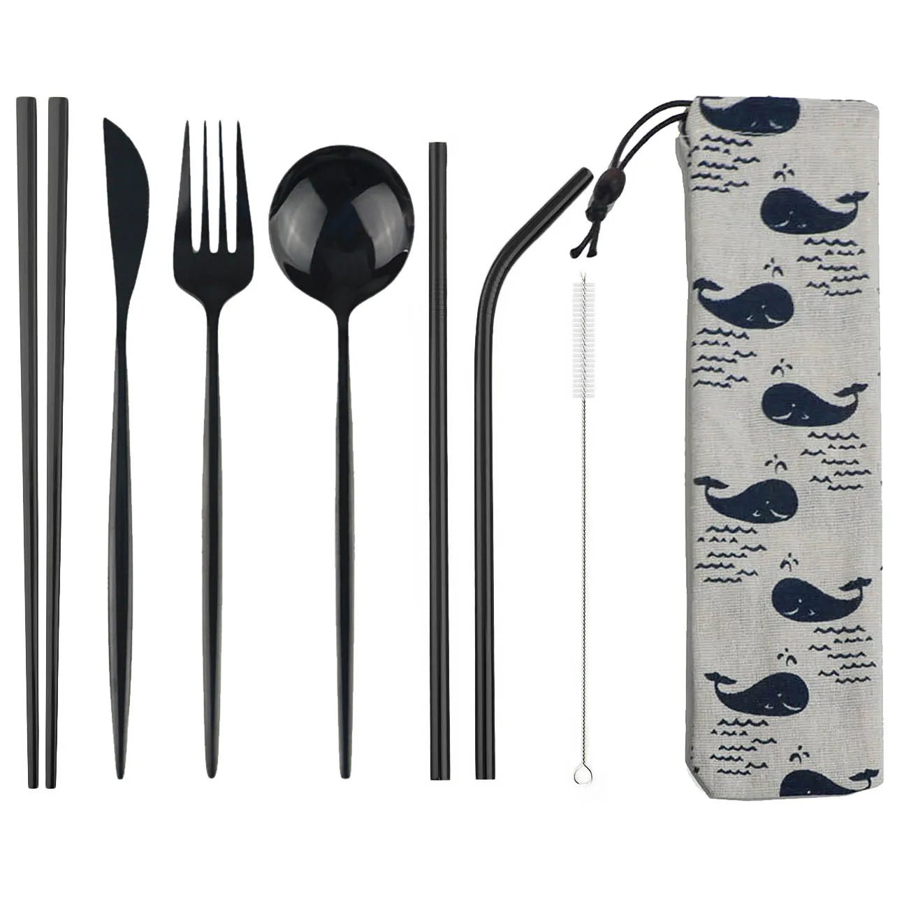 8pcs Dinneware Set Portable Travel Blue Cutlery Set Stainless Steel Knife Fork Spoon Chopsticks Straw Silverware with Pouch - The Melt Theory Lab by Kandylandlaiid LLC