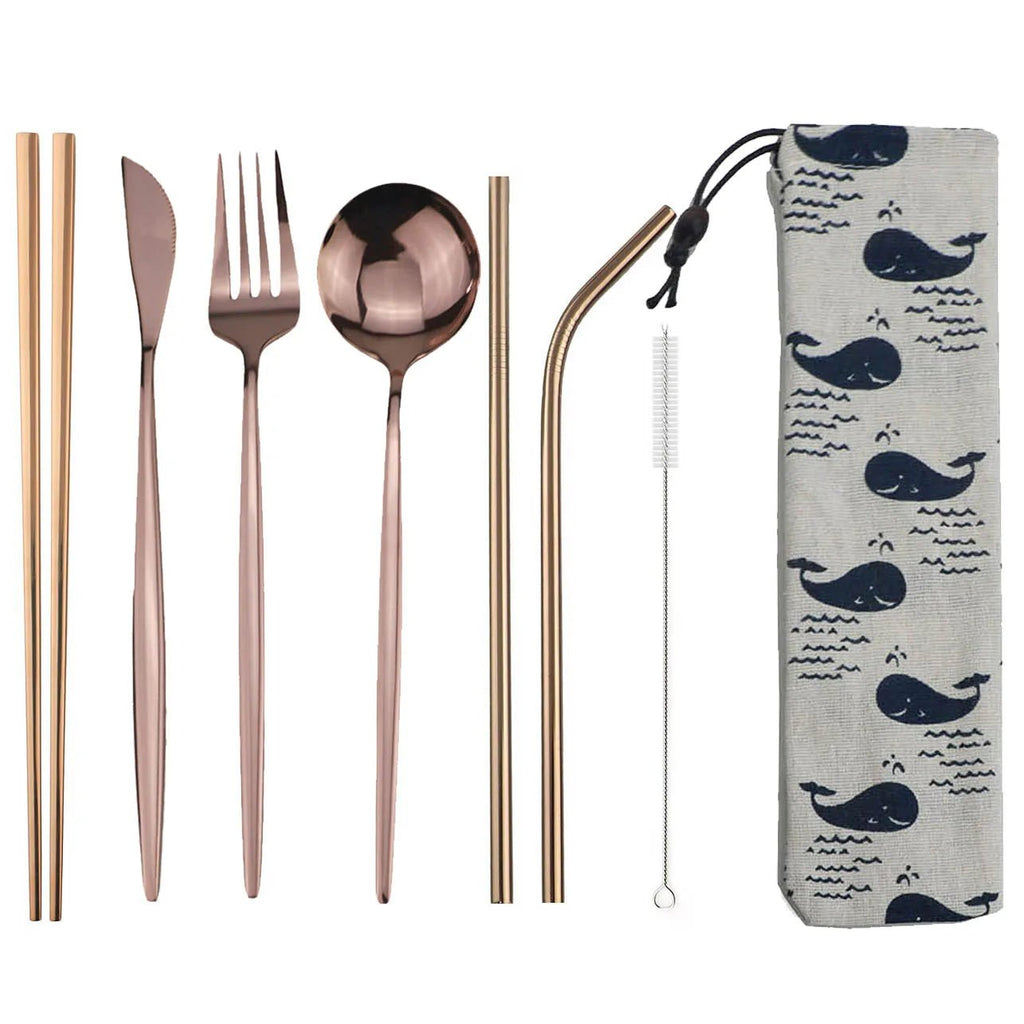 8pcs Dinneware Set Portable Travel Blue Cutlery Set Stainless Steel Knife Fork Spoon Chopsticks Straw Silverware with Pouch - The Melt Theory Lab by Kandylandlaiid LLC