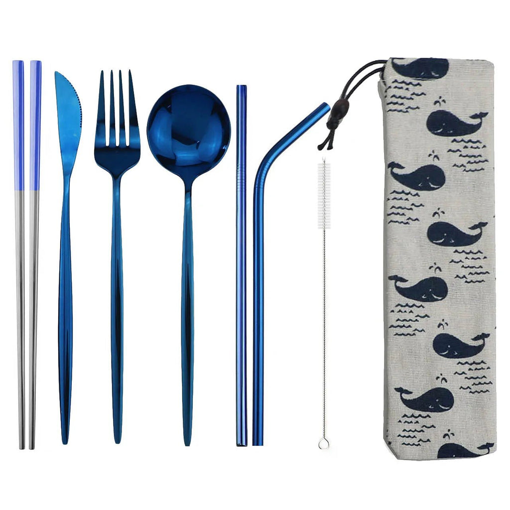 8pcs Dinneware Set Portable Travel Blue Cutlery Set Stainless Steel Knife Fork Spoon Chopsticks Straw Silverware with Pouch - The Melt Theory Lab by Kandylandlaiid LLC