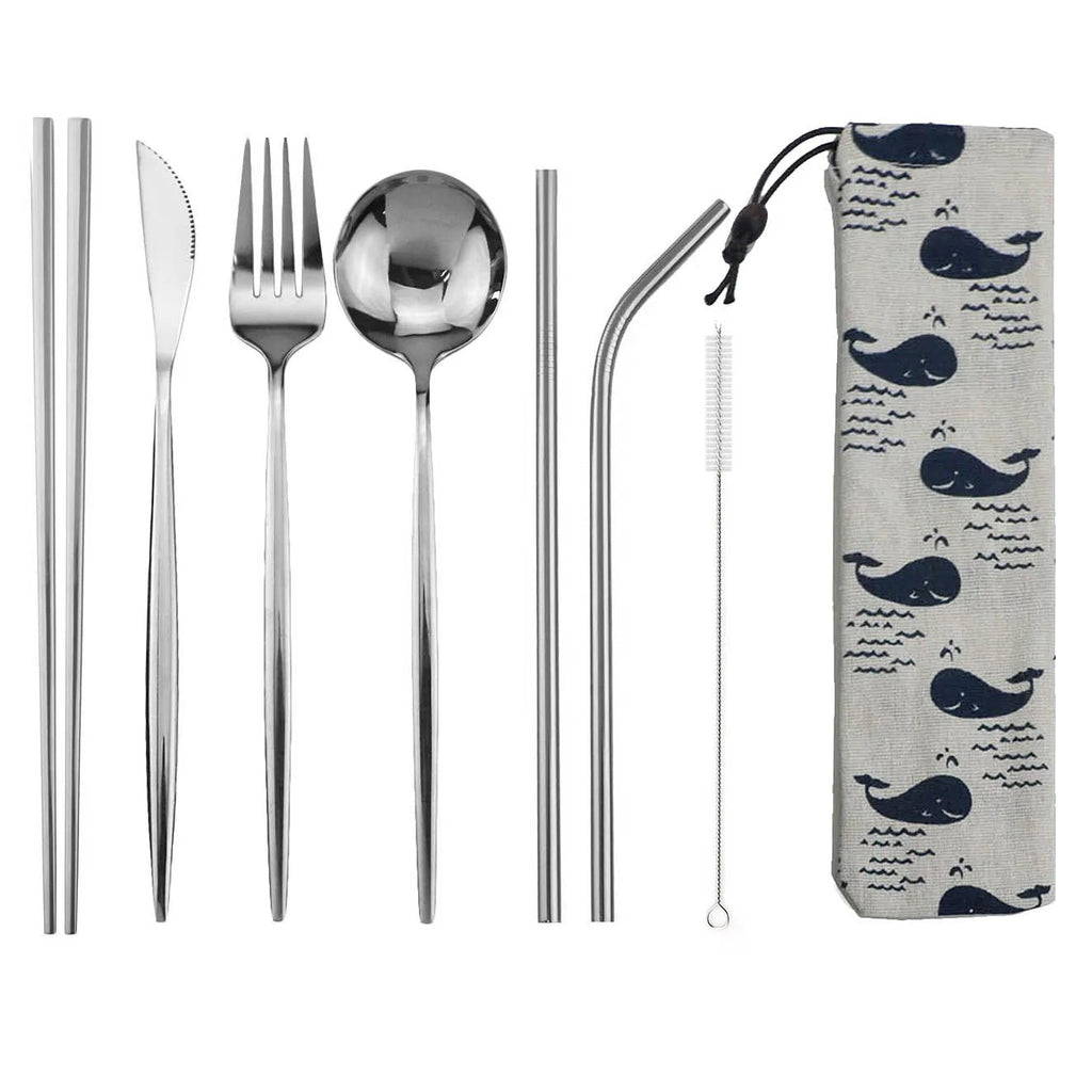 8pcs Dinneware Set Portable Travel Blue Cutlery Set Stainless Steel Knife Fork Spoon Chopsticks Straw Silverware with Pouch - The Melt Theory Lab by Kandylandlaiid LLC