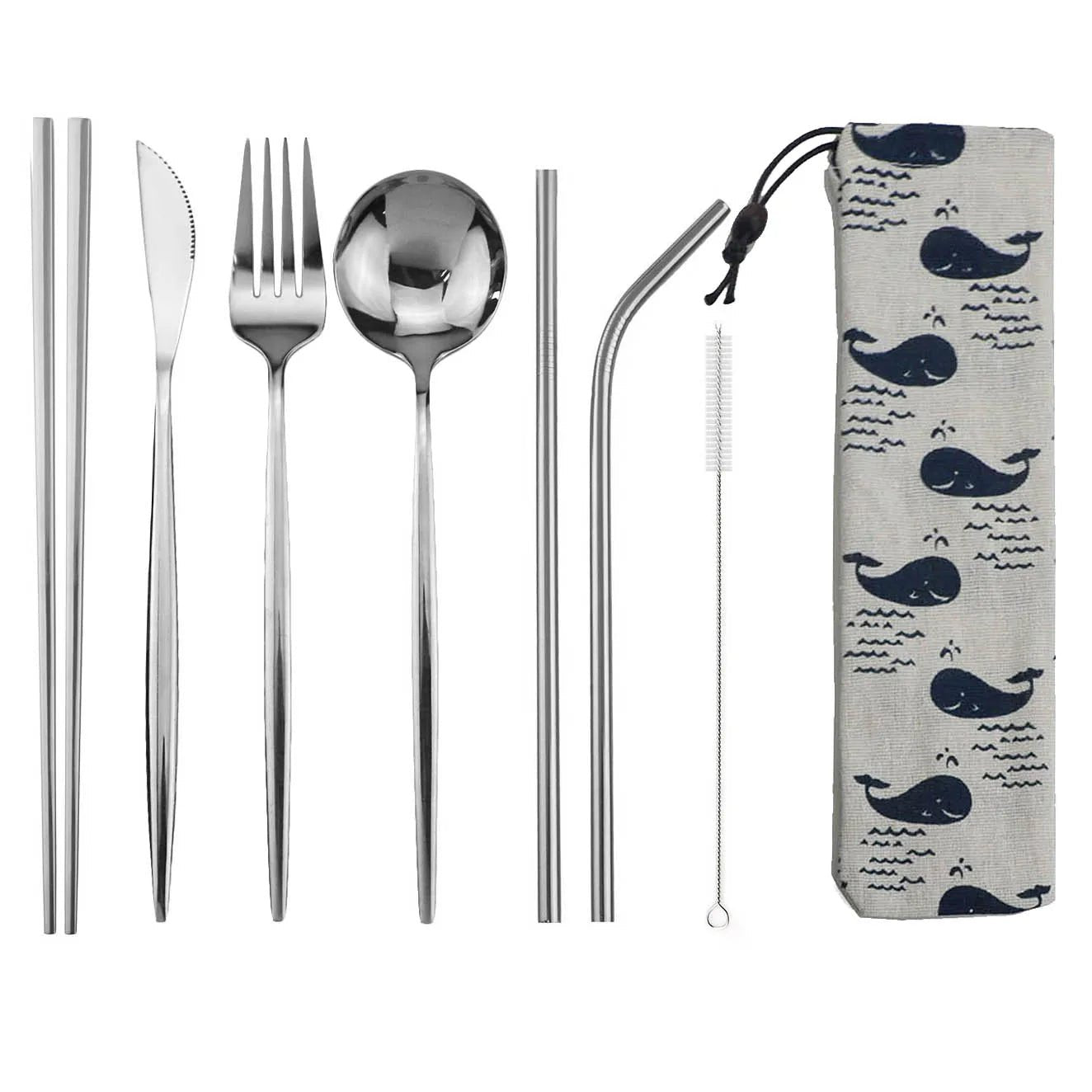 8pcs Dinneware Set Portable Travel Blue Cutlery Set Stainless Steel Knife Fork Spoon Chopsticks Straw Silverware with Pouch - The Melt Theory Lab by Kandylandlaiid LLC