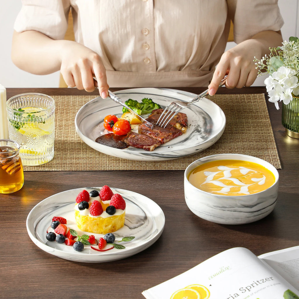 MALACASA Luna series 18-Piece Ceramic Porcelain Dinnerware Set with 6 Pcs Dinner/Dessert Plates,Bowl Tableware Set Service for 6
