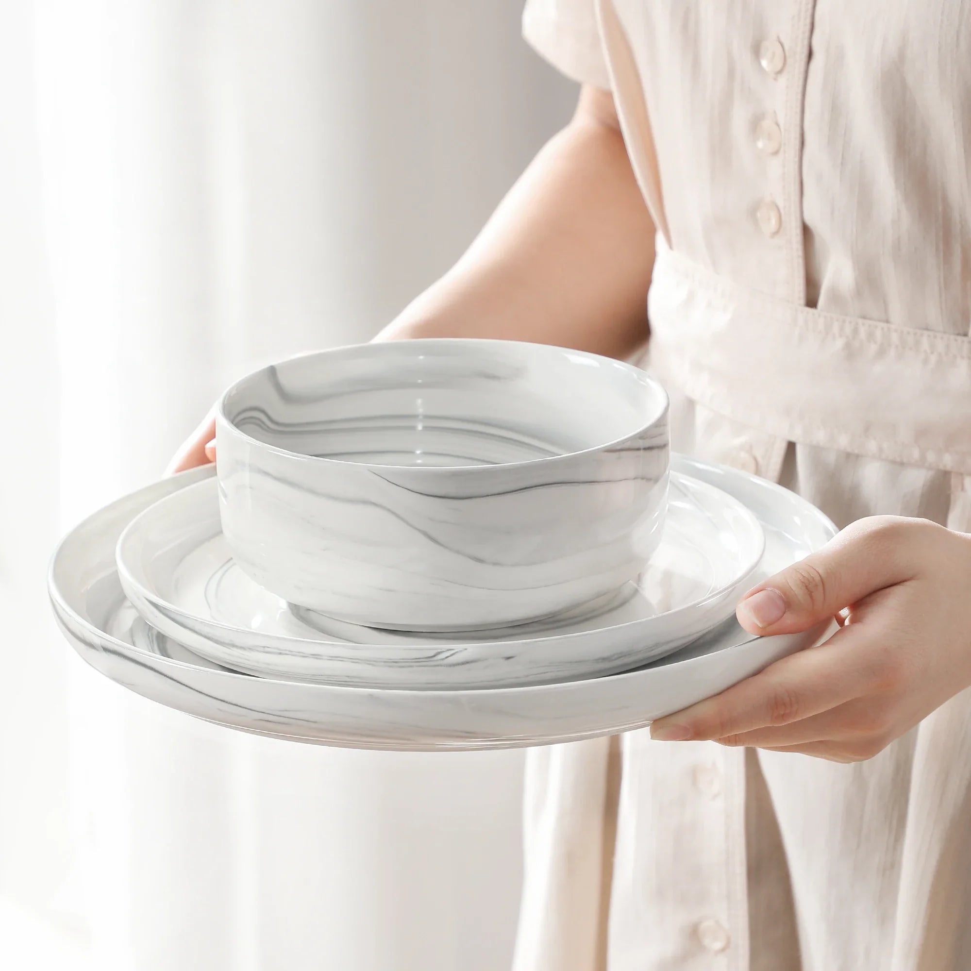 MALACASA Luna series 18-Piece Ceramic Porcelain Dinnerware Set with 6 Pcs Dinner/Dessert Plates,Bowl Tableware Set Service for 6