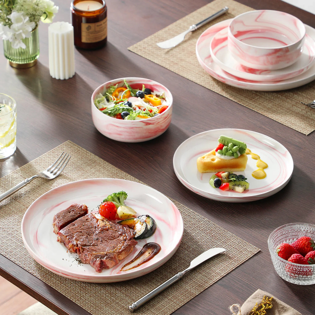 MALACASA Luna series 18-Piece Ceramic Porcelain Dinnerware Set with 6 Pcs Dinner/Dessert Plates,Bowl Tableware Set Service for 6