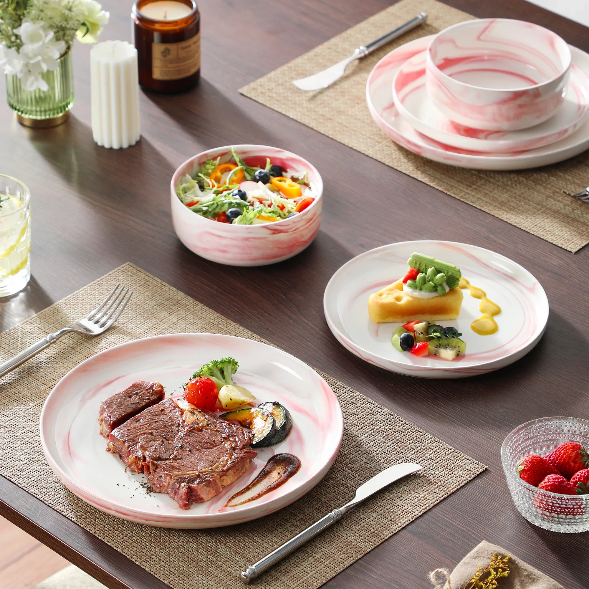 MALACASA Luna series 18-Piece Ceramic Porcelain Dinnerware Set with 6 Pcs Dinner/Dessert Plates,Bowl Tableware Set Service for 6