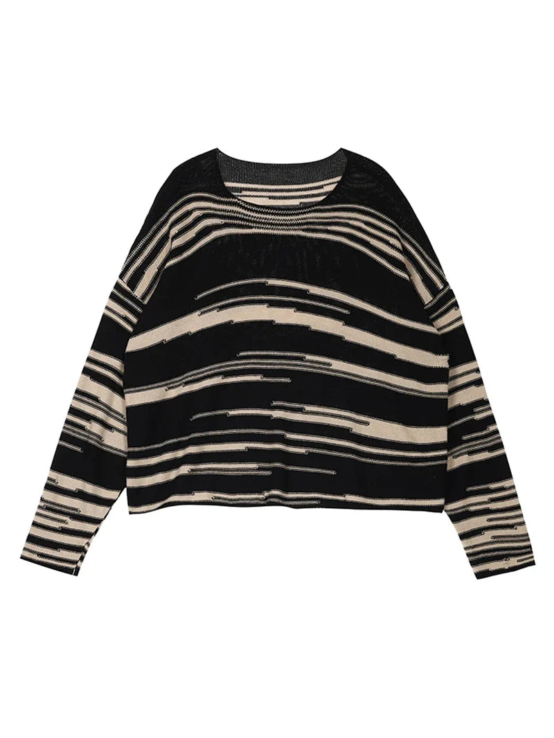 LMQ NEW Women Punk Gothic Striped Long Sleeve Loose Patchwork Sweater Hip Hop Retro Oversize Pullover Casual Knitted Jumpers