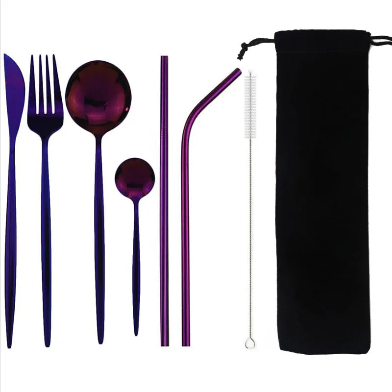 8Pcs/set Tableware Reusable Travel Cutlery Set Camp Utensils Set with stainless steel Spoon Fork Chopsticks Straw Portable case