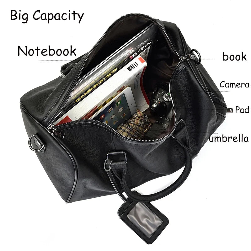 Big Capacity Genuine Leather Travel Bag For Men Women Soft Black Cowhide Casual Travel Duffel Large Luggage Weekend Shoulder Bag
