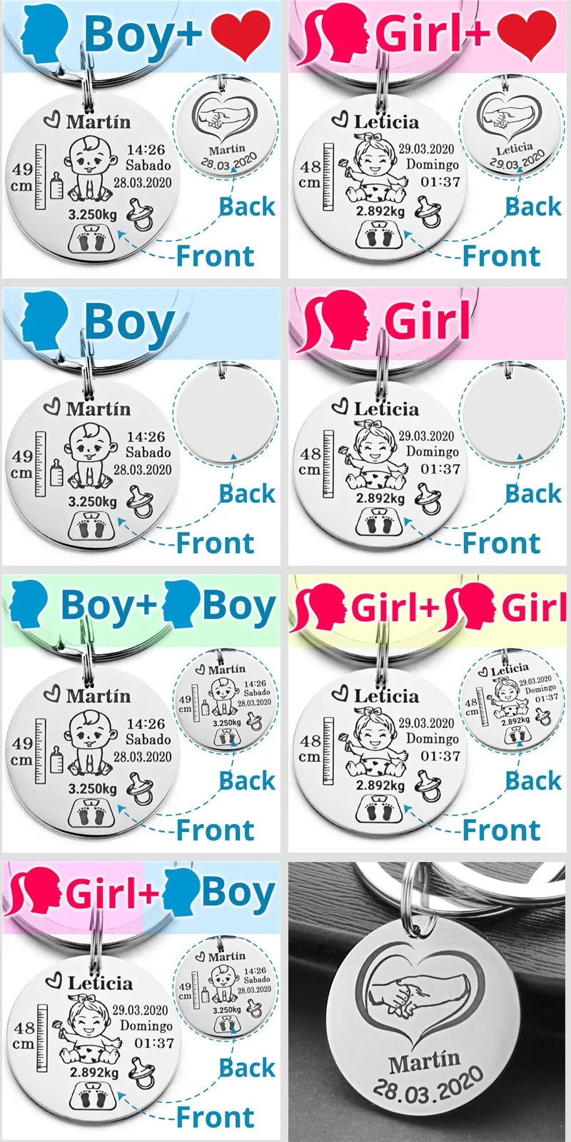 Lovely Personalized Baby Boys Girls Keychain  Name Birth Weight Height For Newborn Commemorate New Mom Dad Gift Keyring P026_C