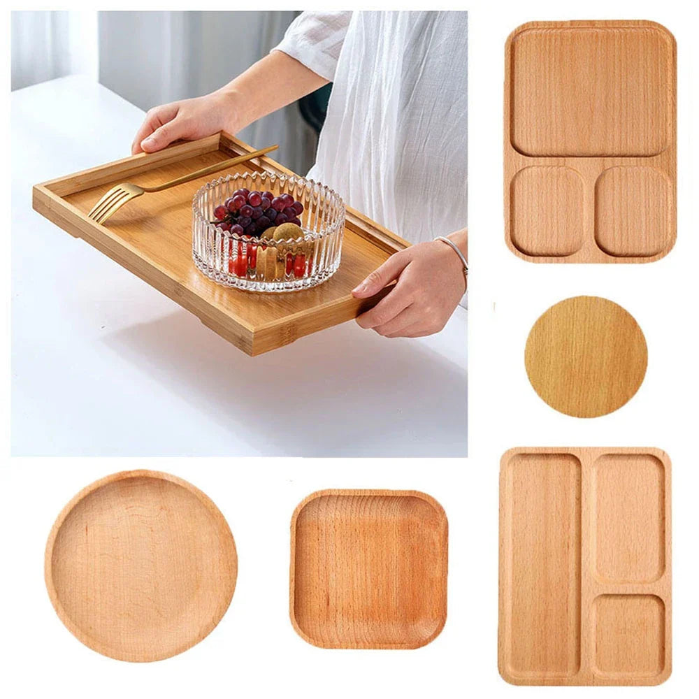 Wooden Bamboo Serving Plate Set Dish Tray Fruit Plate Storage Pallet Kitchen Organizer Dining Bar Supply Dinner Plate Set