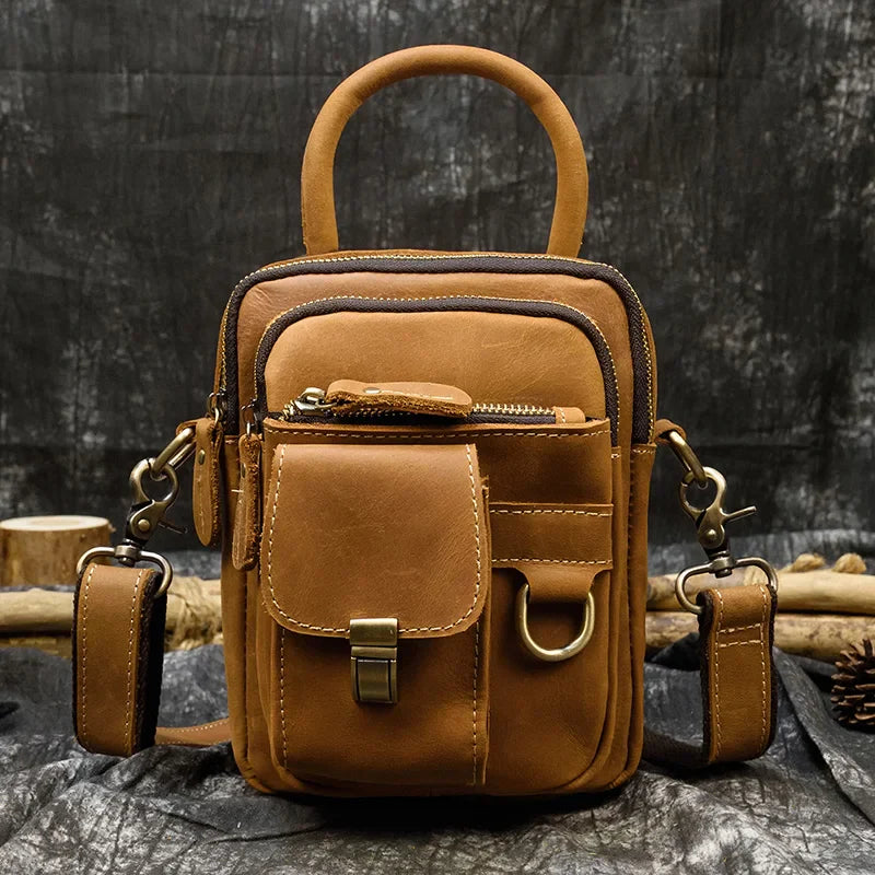 MAHEU Super Quality Men's Mini Shoulder Bag Genuine Leather Phone Pouch On Belt Small Crossbody Bag With Handle Outdoor Bag