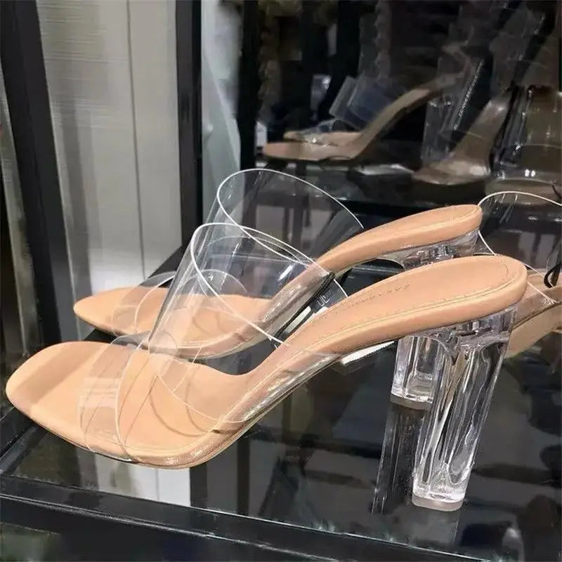Summer Women Pumps Sandals 9cm Jelly Slippers Sexy Open Square Toe High Heels Women Transparent Slippers Shoe Heel Clear Sandals