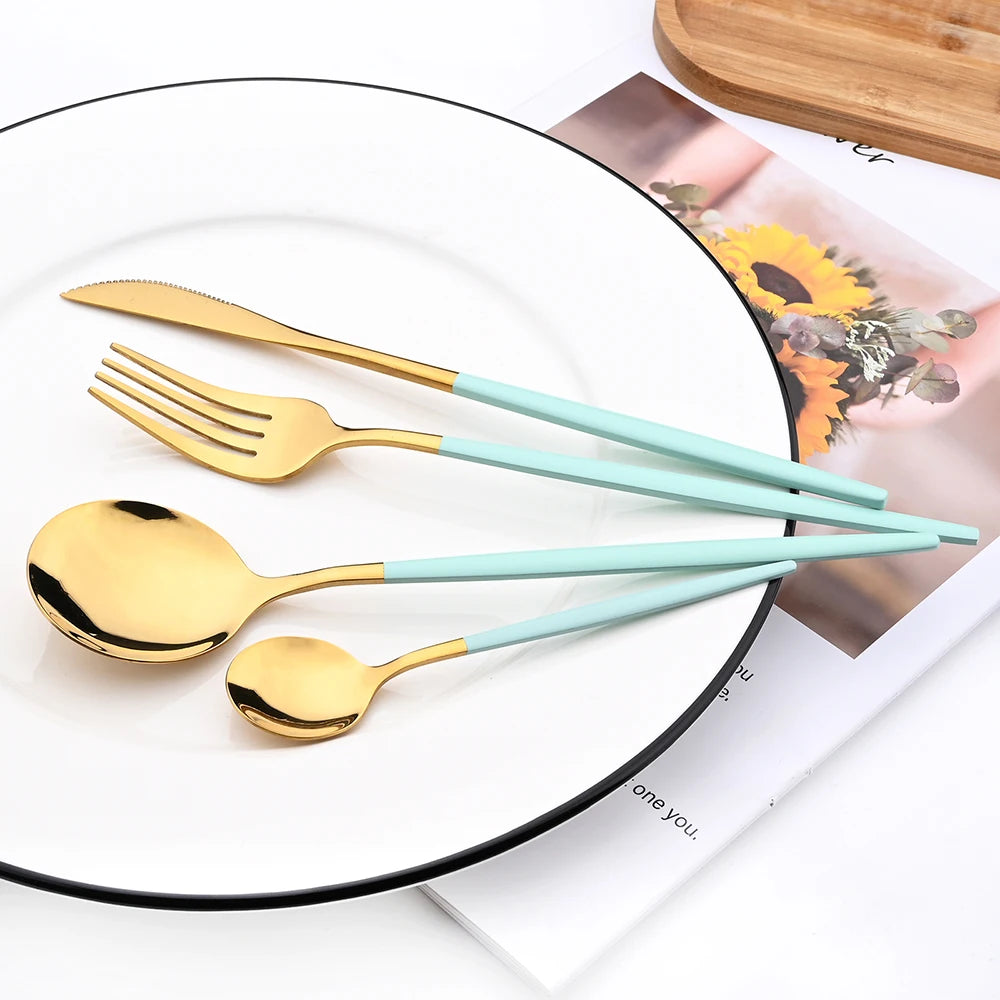 Drmfiy Pink Silver Stainless Steel Dinnerware Set Fork Knife Soup Ice Spoon Cutlery Set Western Flatware Kitchen Silverware Set