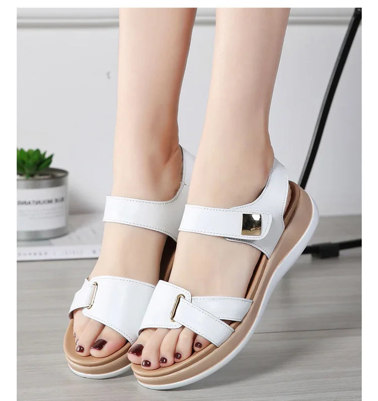 WOIZGIC Women Female Ladies Mother Genuine Leather Shoes Sandals Flats Soft Hook Loop Korean Bling Summer Beach Size 35-40