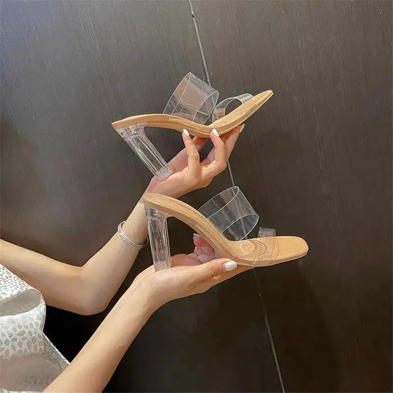Summer Women Pumps Sandals 9cm Jelly Slippers Sexy Open Square Toe High Heels Women Transparent Slippers Shoe Heel Clear Sandals