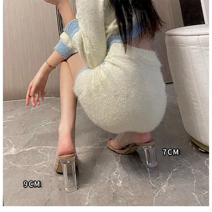 Summer Women Pumps Sandals 9cm Jelly Slippers Sexy Open Square Toe High Heels Women Transparent Slippers Shoe Heel Clear Sandals