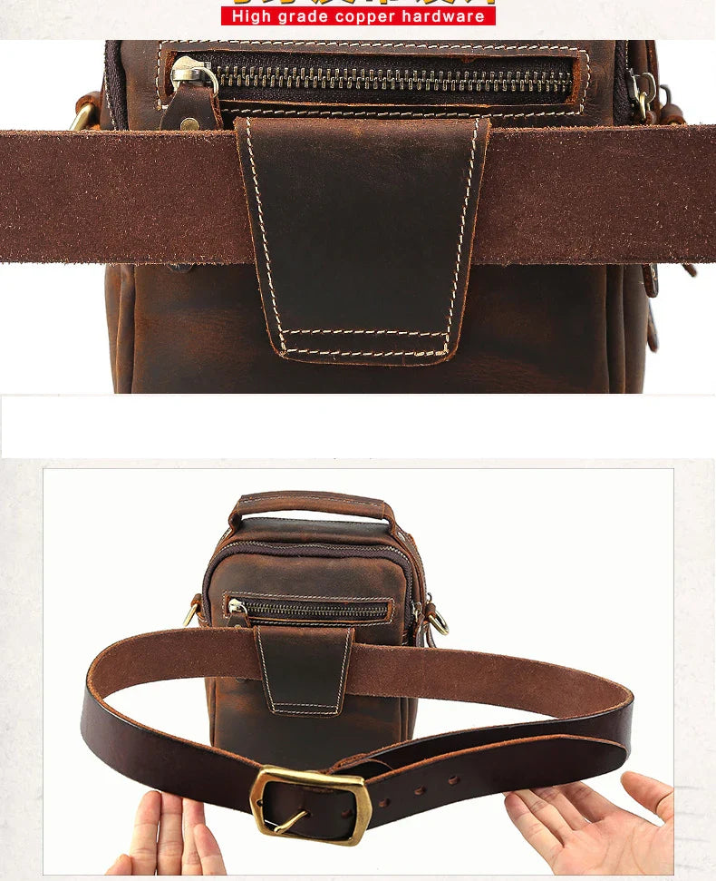 MAHEU Super Quality Men's Mini Shoulder Bag Genuine Leather Phone Pouch On Belt Small Crossbody Bag With Handle Outdoor Bag