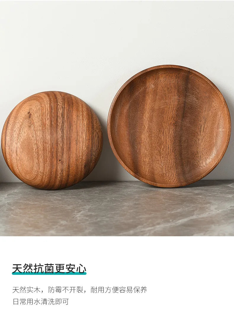 Japanese Household Dishes Acacia Wood Round Tableware Salad Dessert Tray Vintage Wood Dinnerware Set Plates Serving Platter