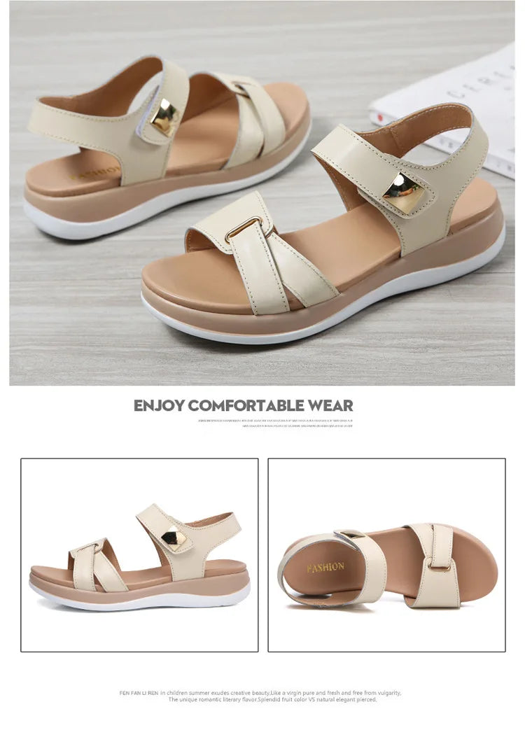 WOIZGIC Women Female Ladies Mother Genuine Leather Shoes Sandals Flats Soft Hook Loop Korean Bling Summer Beach Size 35-40