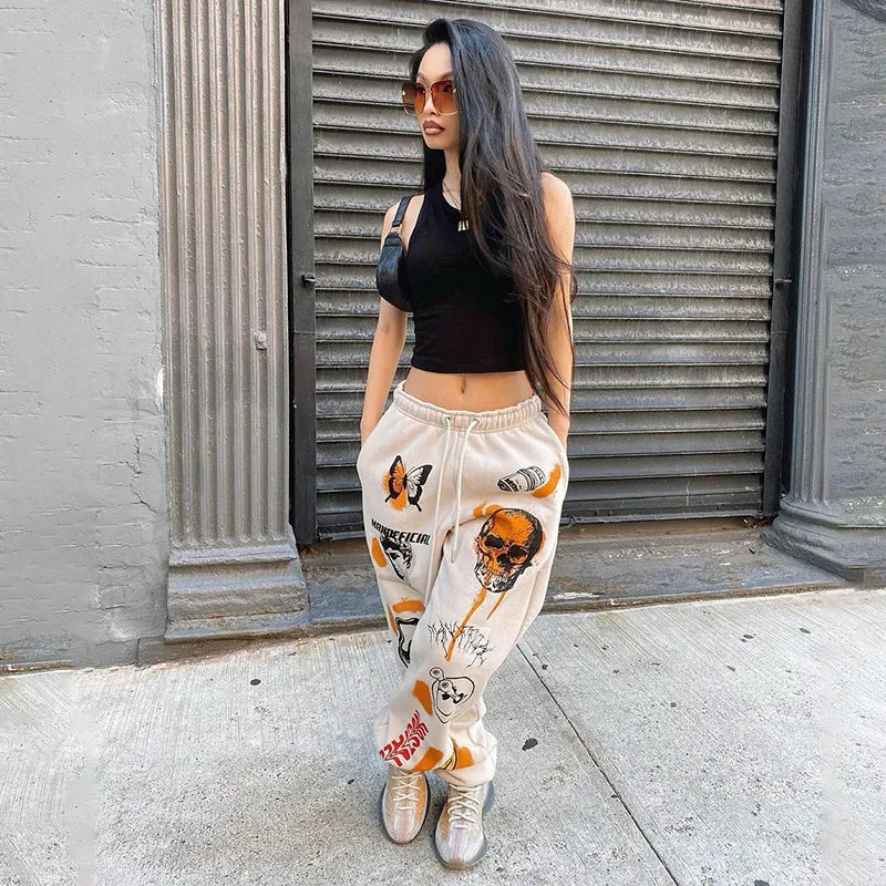 Sweatpants Women Hippie Cartoon Printed Trouser Joggers for Women Drawstring Cargo Pants Streetwear Casual Sweatpant Vamos Todos