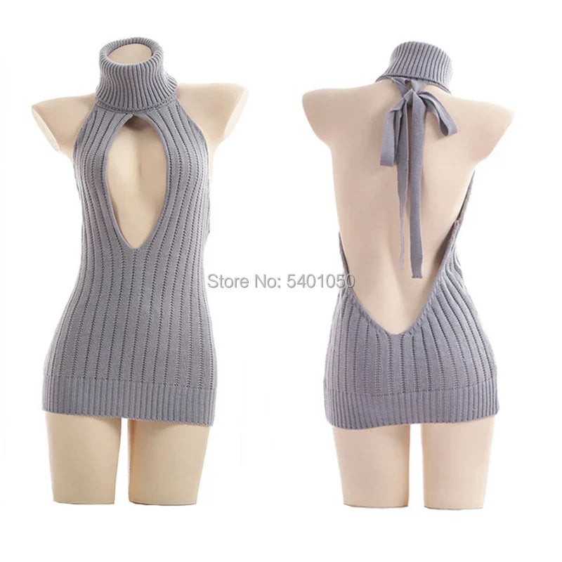 Sexy Open Chest Sweaters  Black Halter Knitted Sweater White Sexy Pullover Women Tops Slim V Neck Long Sleeve Femme