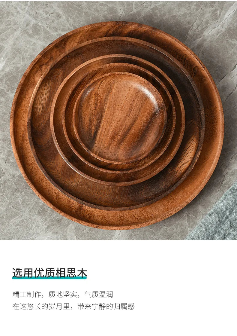 Japanese Household Dishes Acacia Wood Round Tableware Salad Dessert Tray Vintage Wood Dinnerware Set Plates Serving Platter