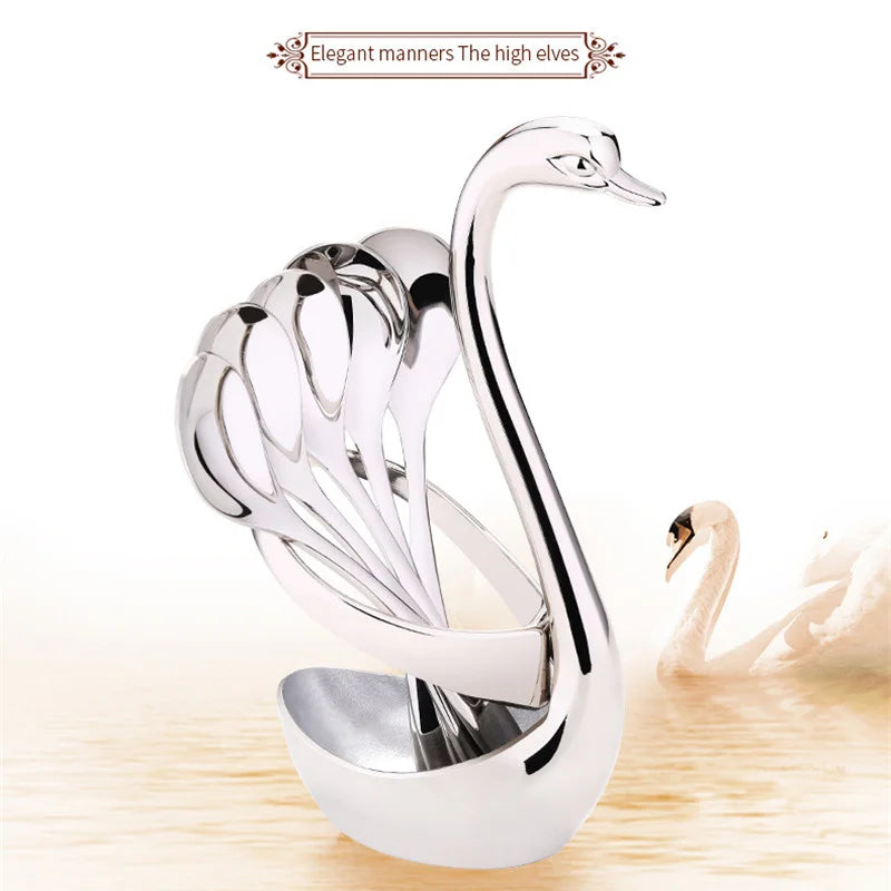 Portable fork and spoon cutlery set 304 stainless steel cutlery with swan rack table fork and spoon storage rack cutlery set