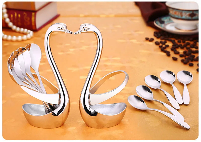 Portable fork and spoon cutlery set 304 stainless steel cutlery with swan rack table fork and spoon storage rack cutlery set