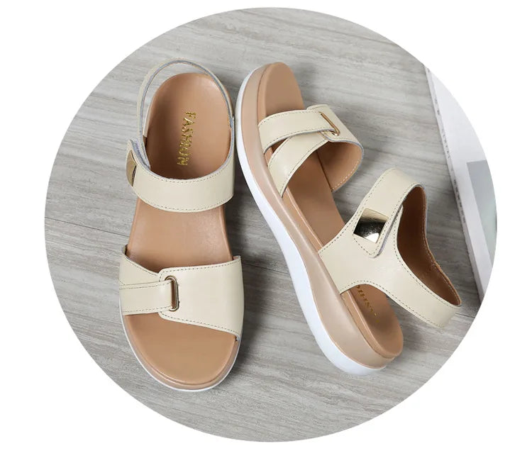 WOIZGIC Women Female Ladies Mother Genuine Leather Shoes Sandals Flats Soft Hook Loop Korean Bling Summer Beach Size 35-40