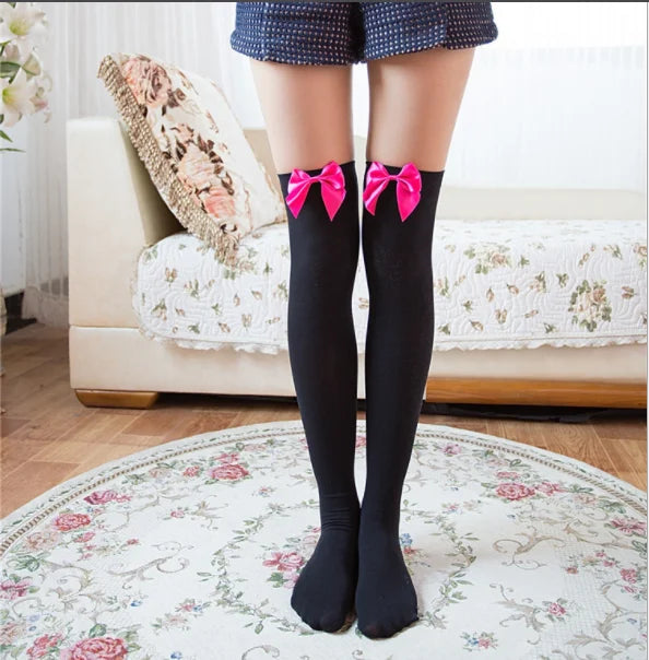 Sexy Stockings Bowknot Women Thigh High Over Knee Socks Opaque Black Girls Stretchy Elastic Spring Fashion Solid Long Chaussette