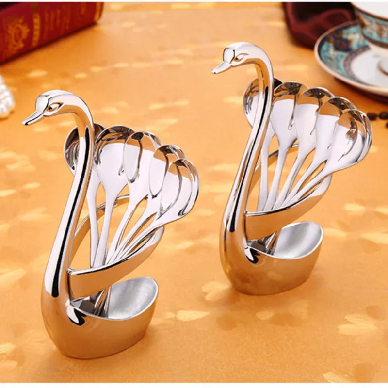 Portable fork and spoon cutlery set 304 stainless steel cutlery with swan rack table fork and spoon storage rack cutlery set
