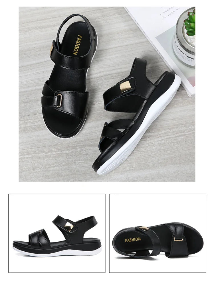 WOIZGIC Women Female Ladies Mother Genuine Leather Shoes Sandals Flats Soft Hook Loop Korean Bling Summer Beach Size 35-40