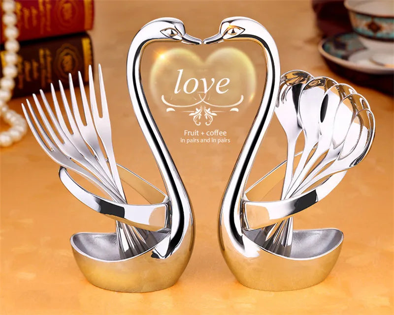 Portable fork and spoon cutlery set 304 stainless steel cutlery with swan rack table fork and spoon storage rack cutlery set