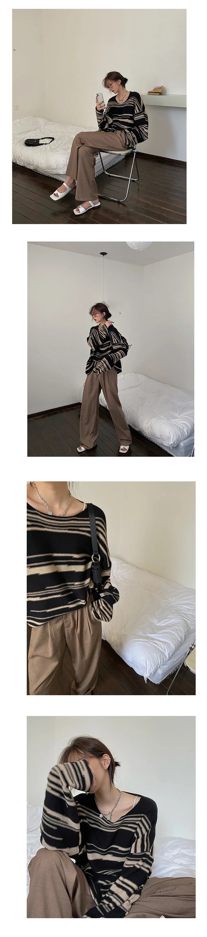 LMQ NEW Women Punk Gothic Striped Long Sleeve Loose Patchwork Sweater Hip Hop Retro Oversize Pullover Casual Knitted Jumpers