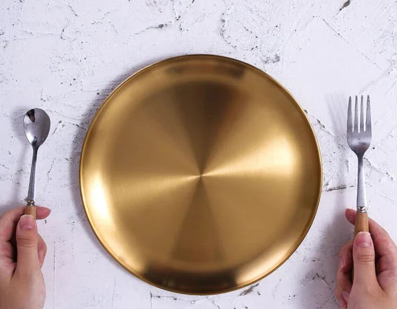 Dinner Plates European Style Gold Dessert Plate Kitchen Serving Dishes Salad Round Plate Cake Tray Western Steak Round Tray