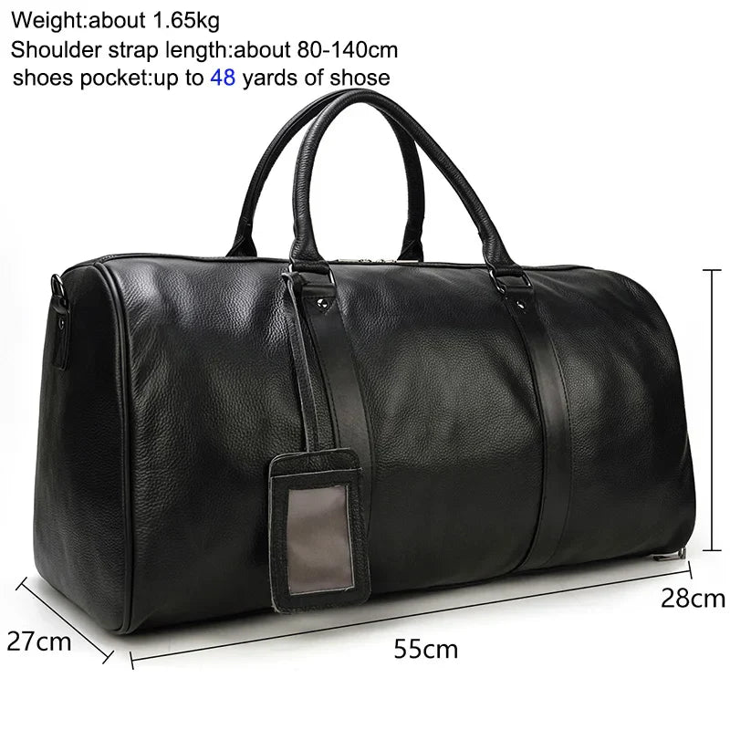 Big Capacity Genuine Leather Travel Bag For Men Women Soft Black Cowhide Casual Travel Duffel Large Luggage Weekend Shoulder Bag