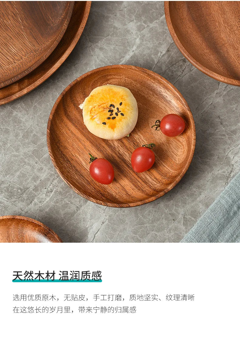 Japanese Household Dishes Acacia Wood Round Tableware Salad Dessert Tray Vintage Wood Dinnerware Set Plates Serving Platter