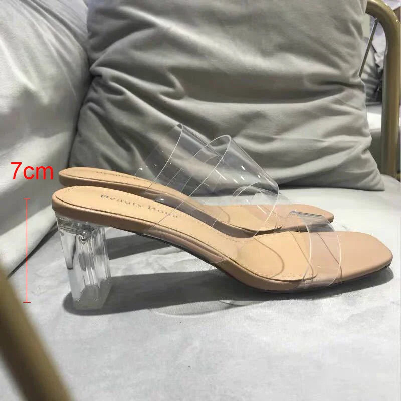 Summer Women Pumps Sandals 9cm Jelly Slippers Sexy Open Square Toe High Heels Women Transparent Slippers Shoe Heel Clear Sandals
