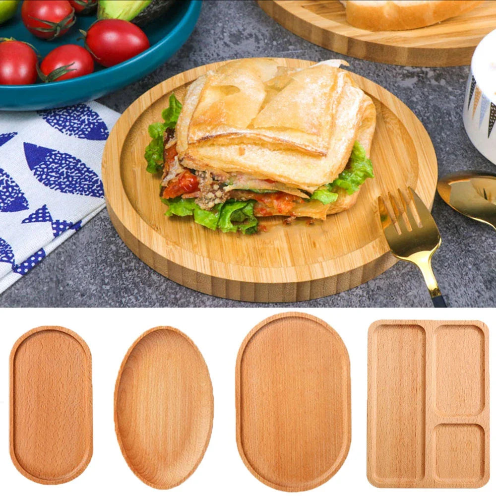 Wooden Bamboo Serving Plate Set Dish Tray Fruit Plate Storage Pallet Kitchen Organizer Dining Bar Supply Dinner Plate Set