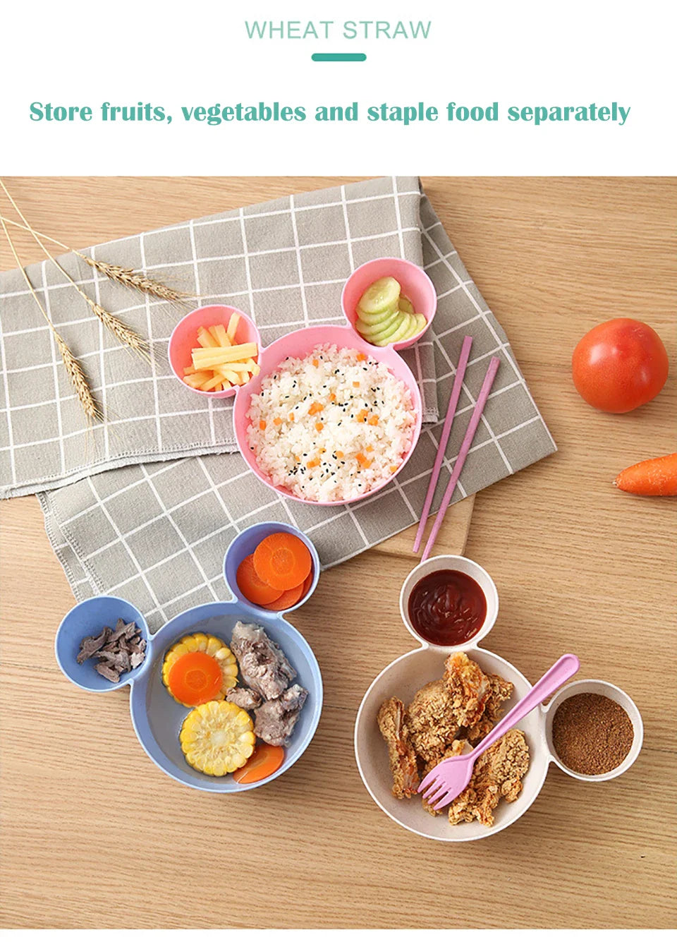 Cute Baby Plates with Dividers Dinner Plates Kids Bowl Tray Tableware Set Infant Feeding Children Divided Dinnerware BPA Free