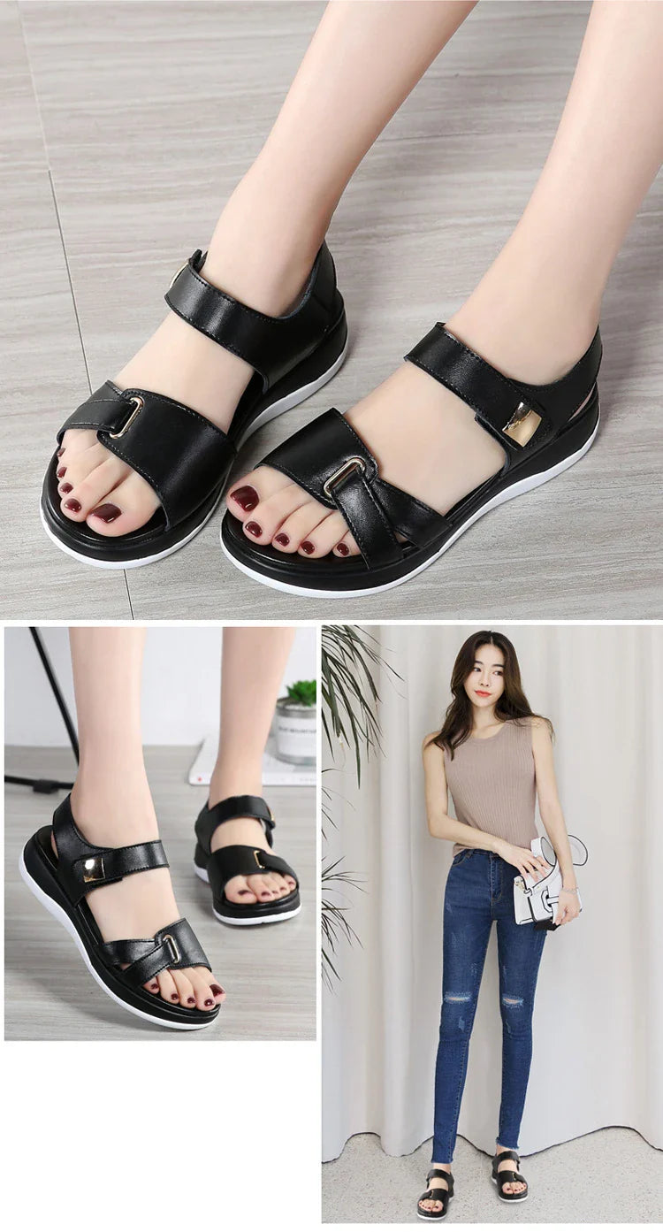 WOIZGIC Women Female Ladies Mother Genuine Leather Shoes Sandals Flats Soft Hook Loop Korean Bling Summer Beach Size 35-40